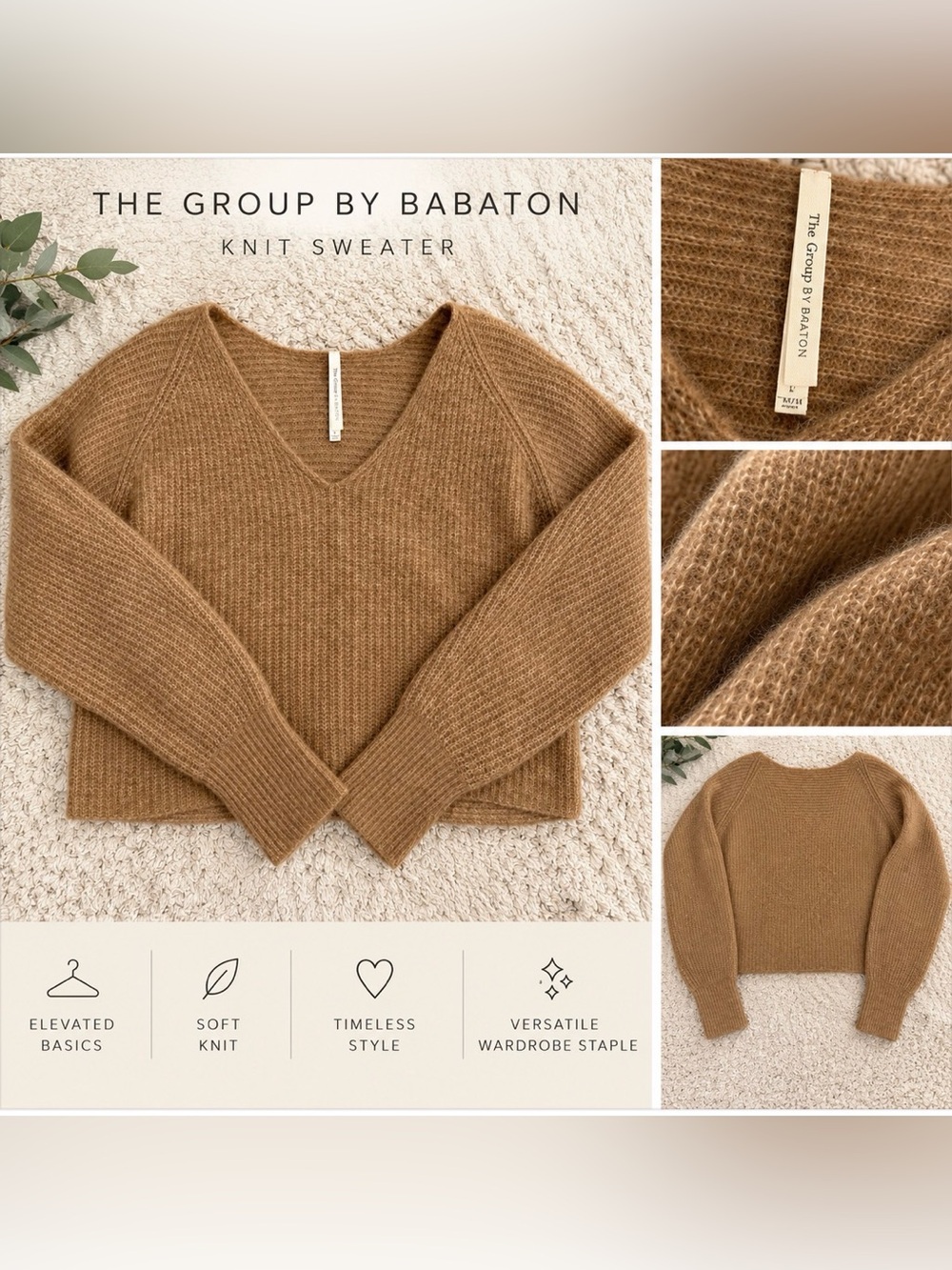 Aritzia The Group by Babaton Cropped V-Neck Sweater — Camel Brown